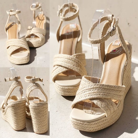 NEW Natural Jute Braid Straw Crisscross Strap Espadrille Platform Wedges Sandals - Picture 4 of 13
